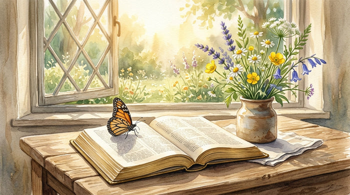 Soft morning light over an open Bible with a butterfly resting on the page, watercolor style, 2 Corinthians 5:17 new creation
