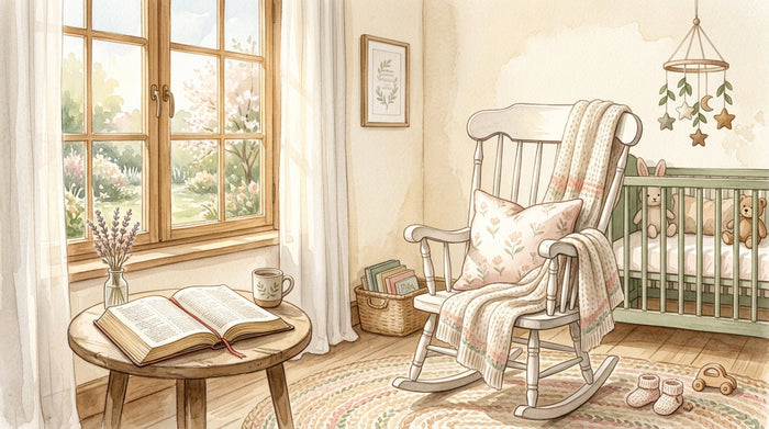 Watercolor nursery scene with rocking chair, Bible, and warm morning light for a new moms devotional blog post
