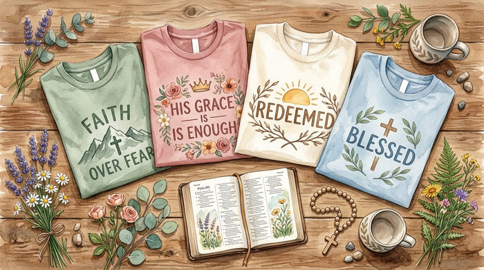 Collection of Christian women's faith graphic t-shirts styled on a warm surface with wildflowers