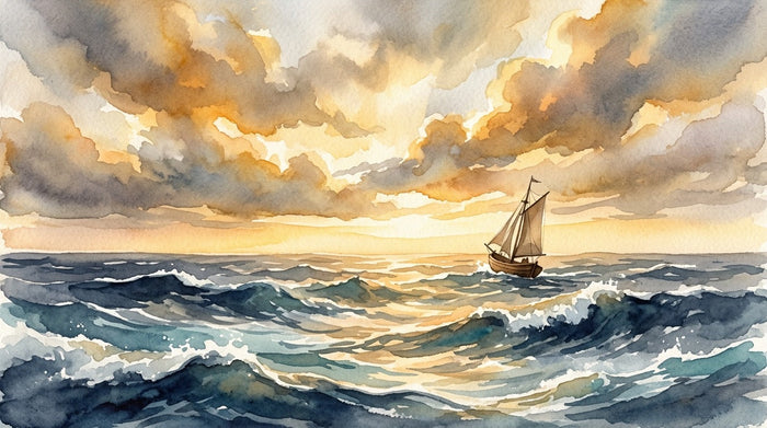 Stormy ocean at dawn, faith watercolor illustration for Jonah blog post