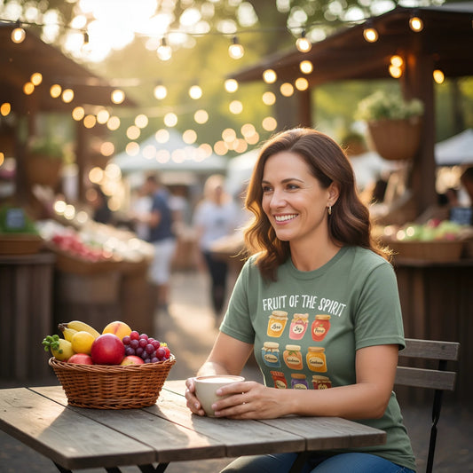 Smiling woman at an outdoor market wearing a moss green Comfort Colors 1717 Christian women t-shirt. The shirt features the Fruit of the Spirit jars design with virtues including Love, Joy, Peace, and Faithfulness