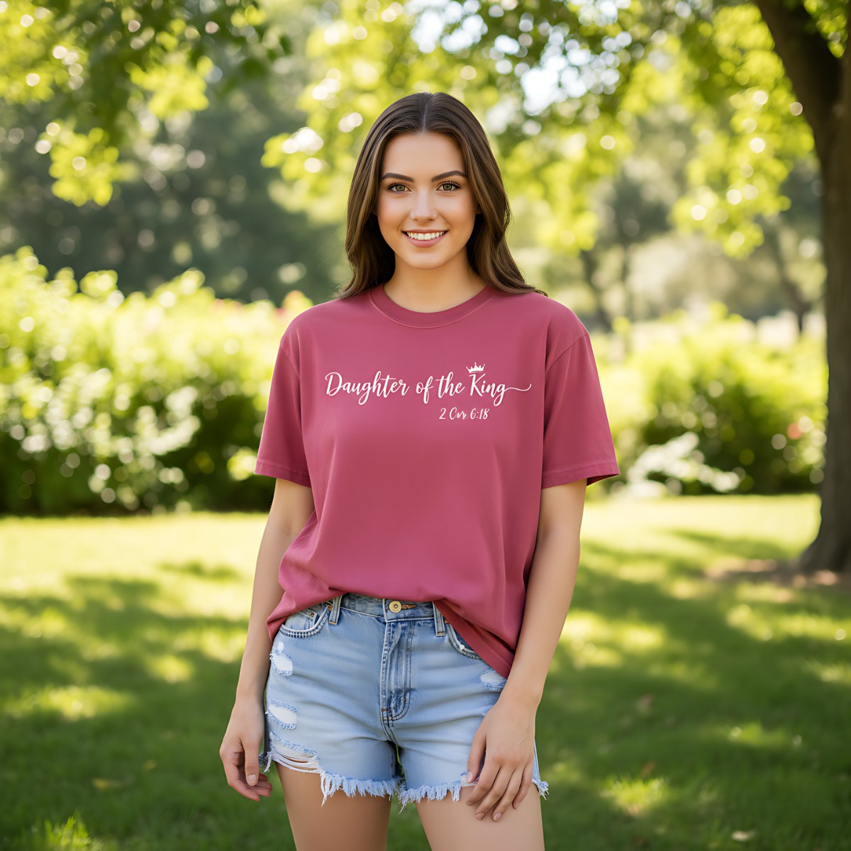 A smiling woman outdoors wearing a Comfort Colors 1717 Christian women t-shirt in crimson. The shirt features the phrase “Daughter of the King” with a small crown illustration and scripture reference 2 Corinthians 6:18 in white script font. The relaxed fit and soft vintage style highlight the faith-based design