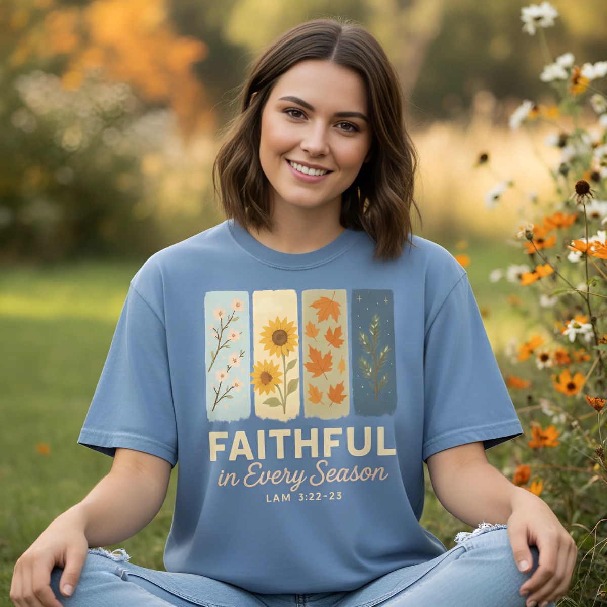 Christian women’s t-shirt on Comfort Colors 1717 in Blue Jean. A young woman sits outdoors in a garden with orange and white flowers, wearing a shirt that reads “Faithful in Every Season – Lam 3:22-23” with four seasonal panels: blossoms, sunflower, autumn leaves, and evergreen