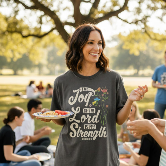 Woman wearing a charcoal gray Comfort Colors 1717 Christian womenβs t-shirt with floral design and text βThe Joy of the Lord is My Strength β Nehemiah 8:10.β She is smiling while holding a plate of food at a picnic with friends in the background