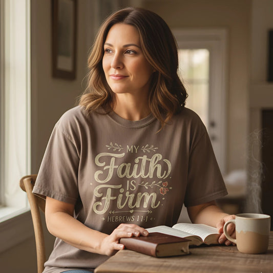 Woman wearing a Comfort Colors 1717 Christian womenโs t-shirt with the phrase โMy Faith Is Firm โ Hebrews 11:1โ in cream lettering while reading the Bible with coffee at a wooden table by a bright window