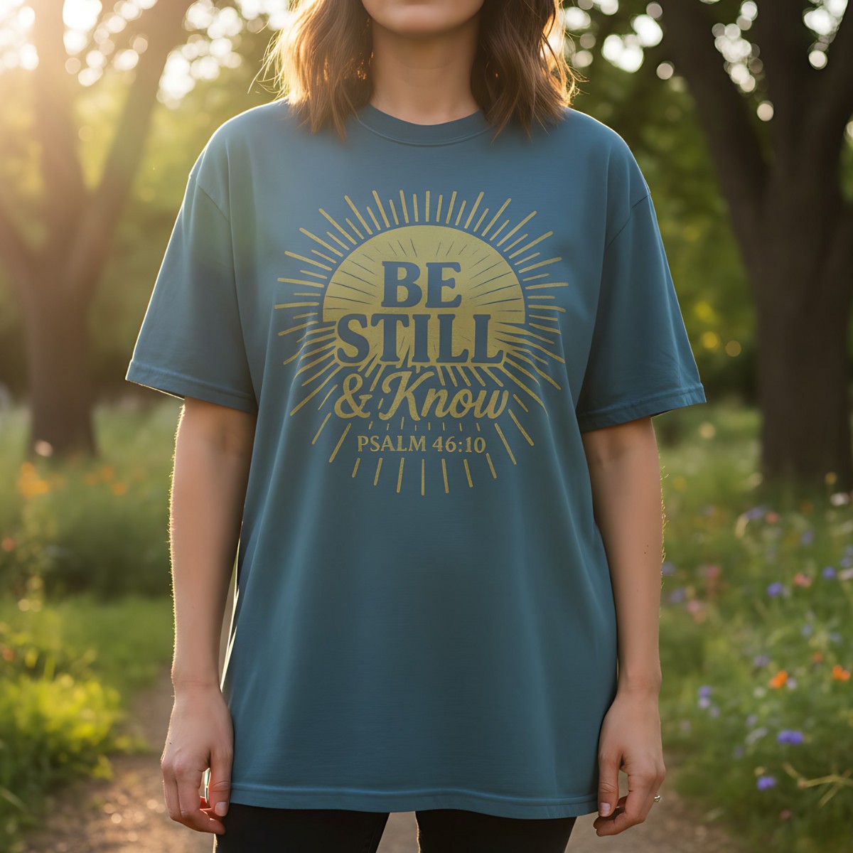 Blue Spruce Comfort Colors Christian T-shirt with golden sunburst graphic and scripture "Be Still & Know, Psalm 46:10." Modeled outdoors in a sunlit garden for a natural lifestyle look.