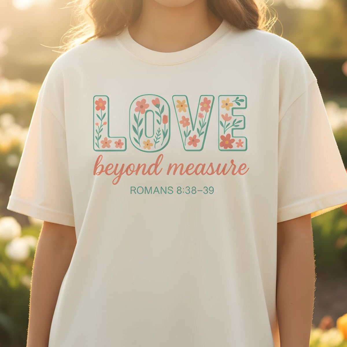 Ivory Comfort Colors Christian T-shirt with floral design spelling "LOVE beyond measure," scripture Romans 8:38–39. Modeled outdoors in a flower garden setting for a soft lifestyle look.