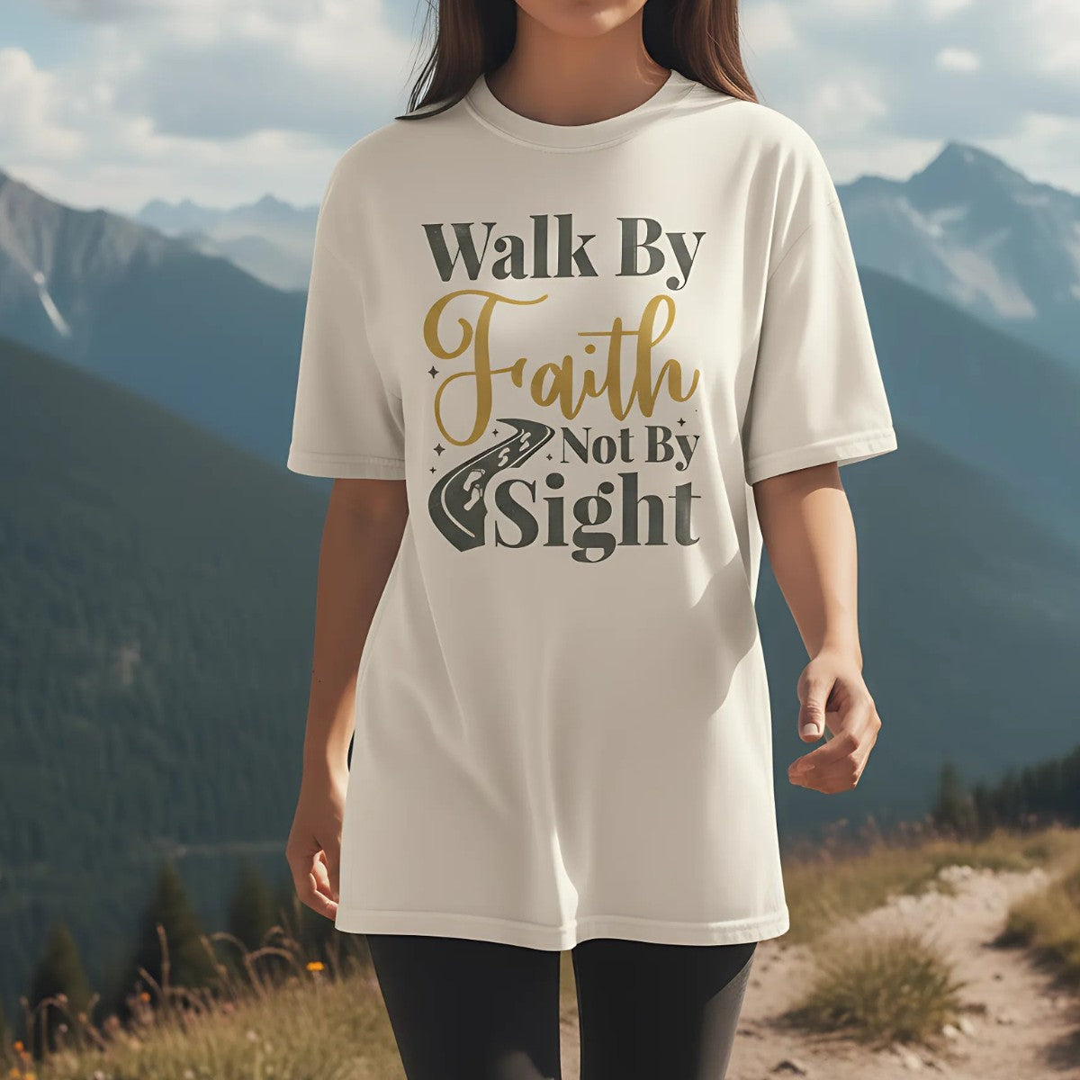 Christian woman wearing a Comfort Colors Christian t-shirt with the phrase 'Walk By Faith Not By Sight' in gold and gray lettering, styled with a road and footprints graphic, photographed outdoors on a mountain trail