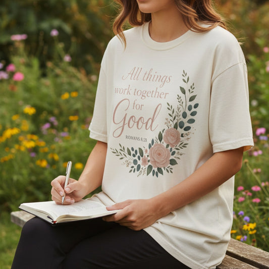 Woman journaling outdoors while wearing a Comfort Colors 1717 ivory “All Things Work Together for Good – Romans 8:28” t-shirt. A peaceful and encouraging modern Christian shirt inspired by Romans 8:28 t-shirt message.