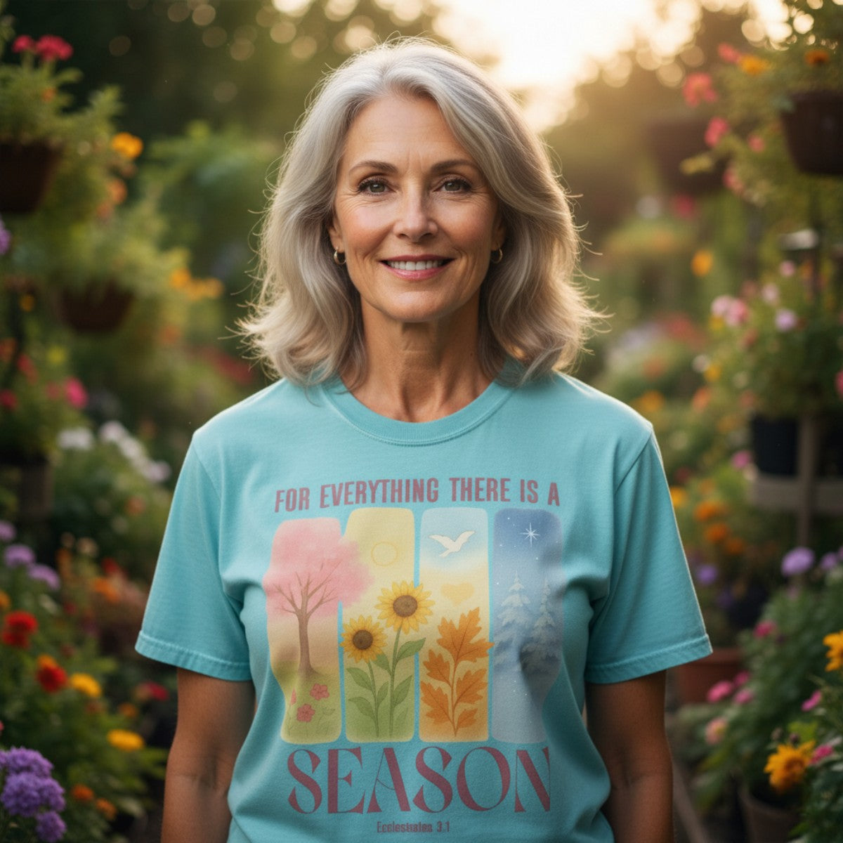 miling woman in a garden wearing a Comfort Colors 1717 chalky mint “For Everything There Is a Season – Ecclesiastes 3:1” t-shirt. A beautiful faith-based apparel for women and meaningful Christian mom gift idea.