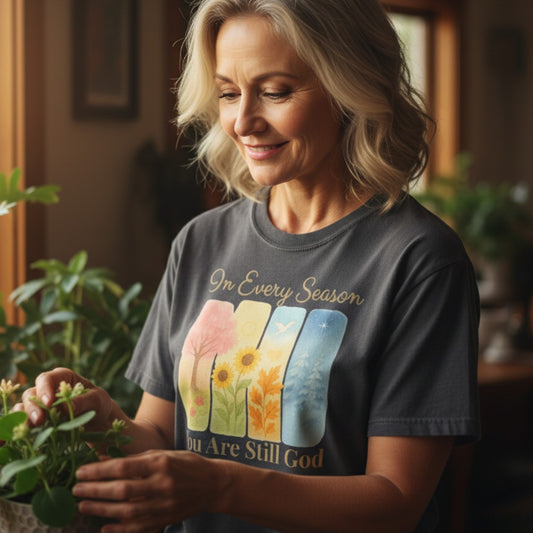 Smiling woman tending to plants while wearing a Comfort Colors 1717 pepper โIn Every Season You Are Still Godโ t-shirt. A cozy and uplifting piece of faith-based apparel for women and an inspiring Christian mom gift.