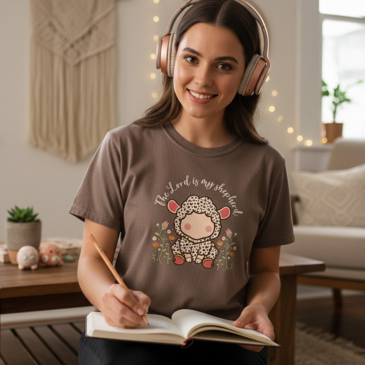 Smiling woman journaling at home while wearing a Comfort Colors 1717 espresso “The Lord Is My Shepherd” t-shirt with a cute lamb design. A cozy, heartfelt piece of faith-based apparel for women and an inspiring Christian mom gift idea.