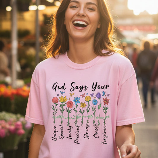 Joyful woman walking outdoors wearing a Comfort Colors 1717 blossom βGod Says You Areβ t-shirt with a colorful floral affirmation design. A radiant and encouraging womenβs scripture tee β perfect modern Christian shirt and heartwarming Christian mom gift idea.