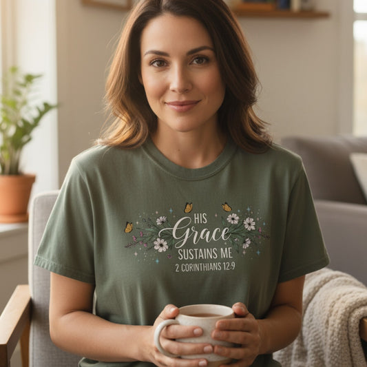 Peaceful woman enjoying coffee in a cozy home wearing a Comfort Colors 1717 moss “His Grace Sustains Me – 2 Corinthians 12:9” t-shirt. A serene and uplifting women’s scripture tee — beautiful modern Christian shirt and heartfelt Christian mom gift idea.