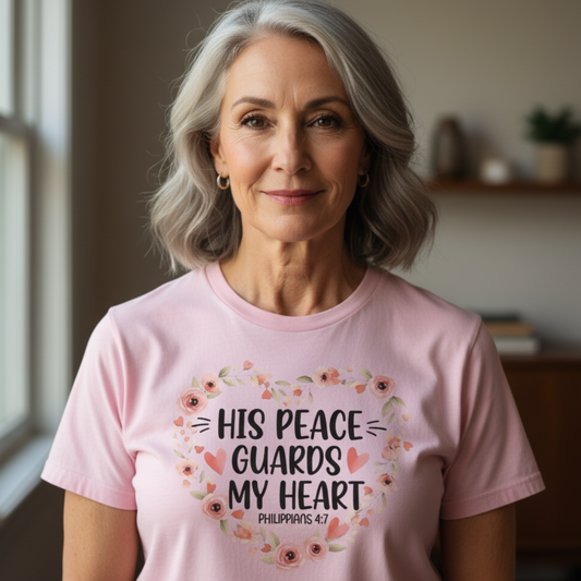 Elegant woman standing by a window wearing a Comfort Colors 1717 blossom βHis Peace Guards My Heart β Philippians 4:7β t-shirt adorned with pastel flowers. A graceful womenβs scripture tee β comforting modern Christian shirt and thoughtful Christian mom gift idea.