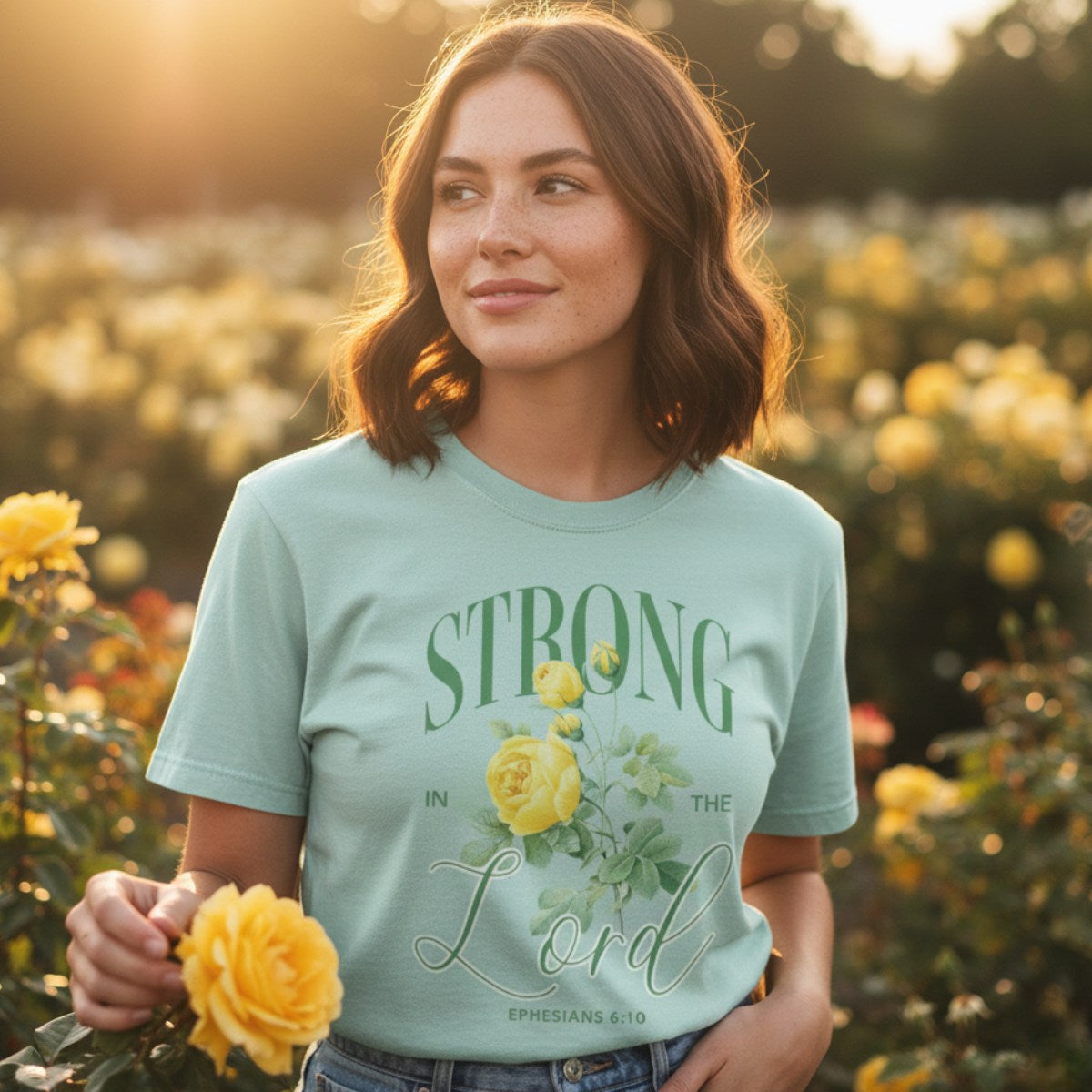 Smiling woman standing in a garden wearing a Comfort Colors 1717 bay “Strong in the Lord – Ephesians 6:10” t-shirt with yellow floral design. A beautiful and inspiring women’s scripture tee — modern Christian shirt and thoughtful faith-based apparel for women.
