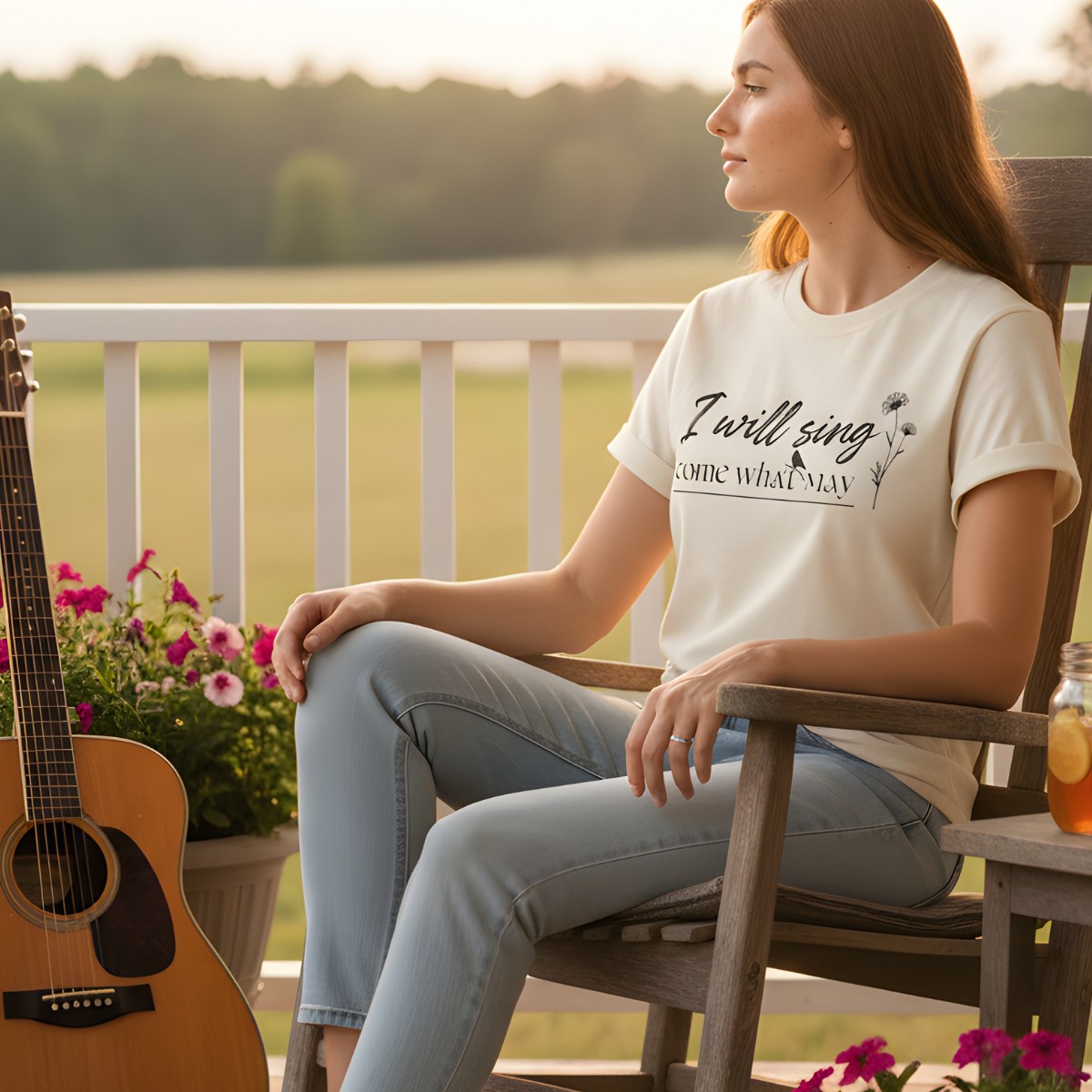 Woman sitting on a porch at sunset wearing a Comfort Colors 1717 ivory “I Will Sing Come What May” t-shirt with delicate floral and bird line art. A peaceful women’s scripture tee — uplifting faith-based apparel for women and inspiring modern Christian shirt, ideal Christian mom gift idea.