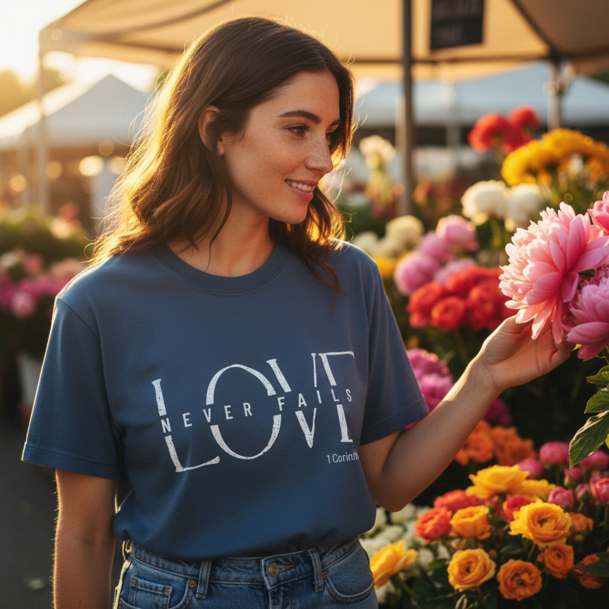 Woman admiring flowers at an outdoor market wearing a Comfort Colors 1717 midnight “Love Never Fails” t-shirt. A beautiful women’s scripture tee — faith-based apparel for women and modern Christian shirt featuring 1 Corinthians 13:8, thoughtful Christian mom gift idea.