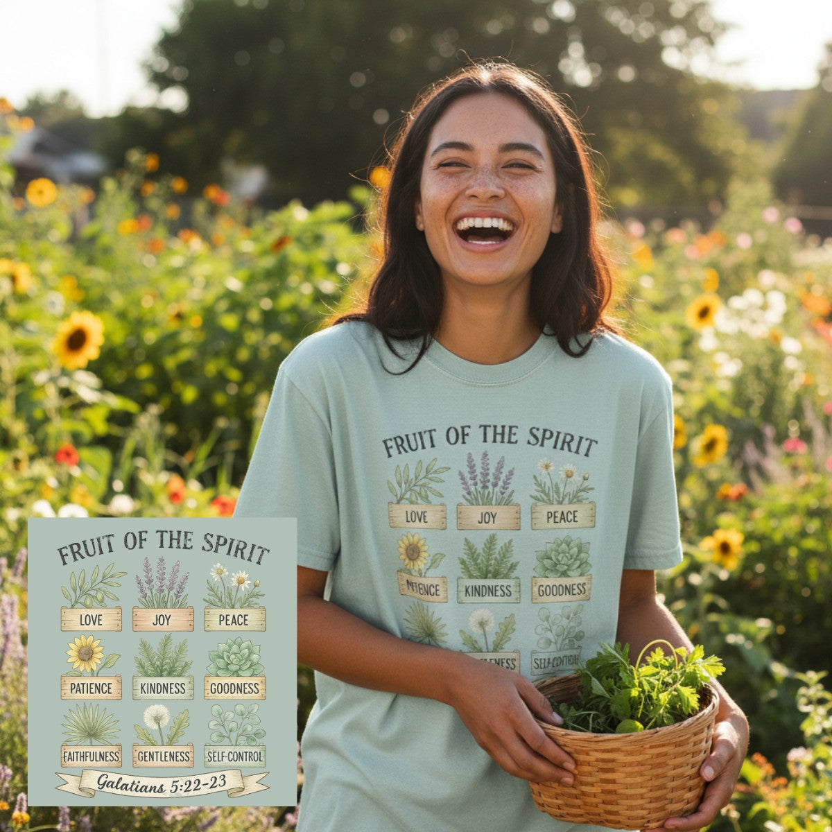 Woman smiling in a sunlit garden wearing a Comfort Colors 1717 bay “Fruit of the Spirit” t-shirt with Galatians 5:22–23 verse and botanical art. A joyful women’s scripture tee — faith-based apparel for women and modern Christian shirt, heartfelt Christian mom gift idea.
