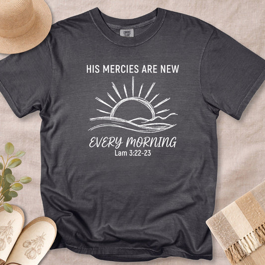 Pepper Grey Comfort Colors 1717 tshirt featuring a white hand-drawn sun graphic. A vintage-style Christian women tee with Lamentations 3:22-23 scripture, perfect for modern US faith wear.