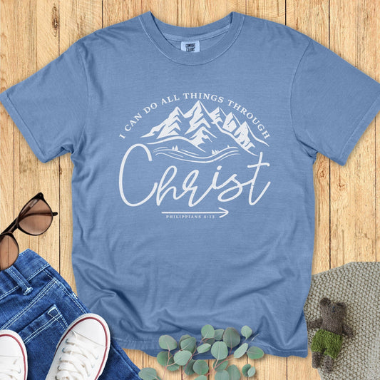 Comfort Colors 1717 blue jean “I Can Do All Things Through Christ – Philippians 4:13” t-shirt styled with casual outfit. A versatile modern Christian shirt ideal for daily wear or Christian mom gift ideas.