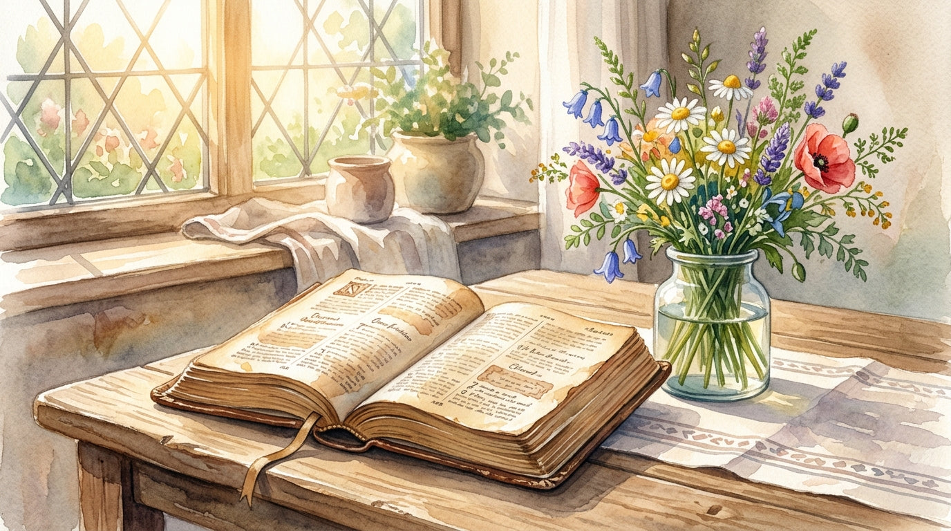 Watercolor painting of an open Bible with wildflowers in warm golden morning light