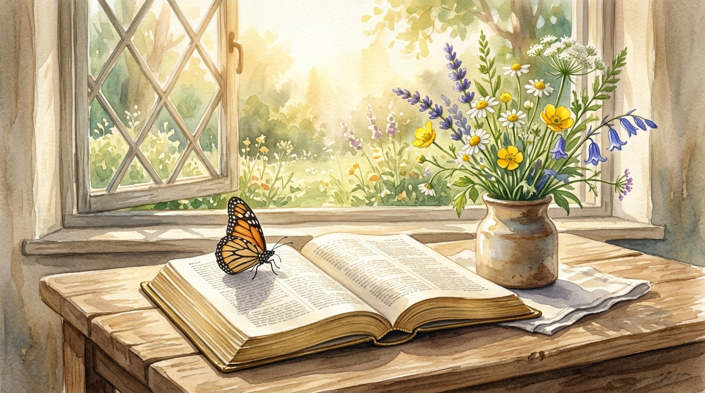 Soft morning light over an open Bible with a butterfly resting on the page, watercolor style, 2 Corinthians 5:17 new creation
