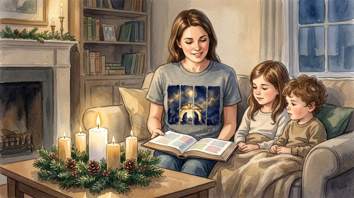 Watercolor of a woman on a sofa reading an open Bible to a young girl and boy under a blanket, wearing an O Holy Night nativity tee, with an evergreen Advent wreath of lit candles on the coffee table