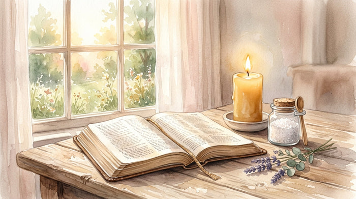 Warm watercolor scene of a candle glowing beside an open Bible and salt shaker, soft morning light, Be Salty Stay Lit Matthew 5:13-14