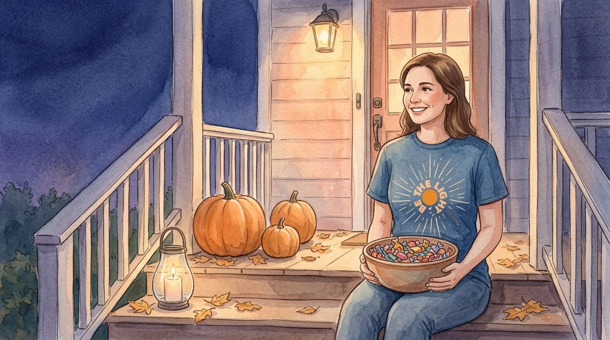 Watercolor of a woman on lamplit front steps at dusk with a bowl of candy, pumpkins and a lantern, wearing a blue Be the Light sunburst tee