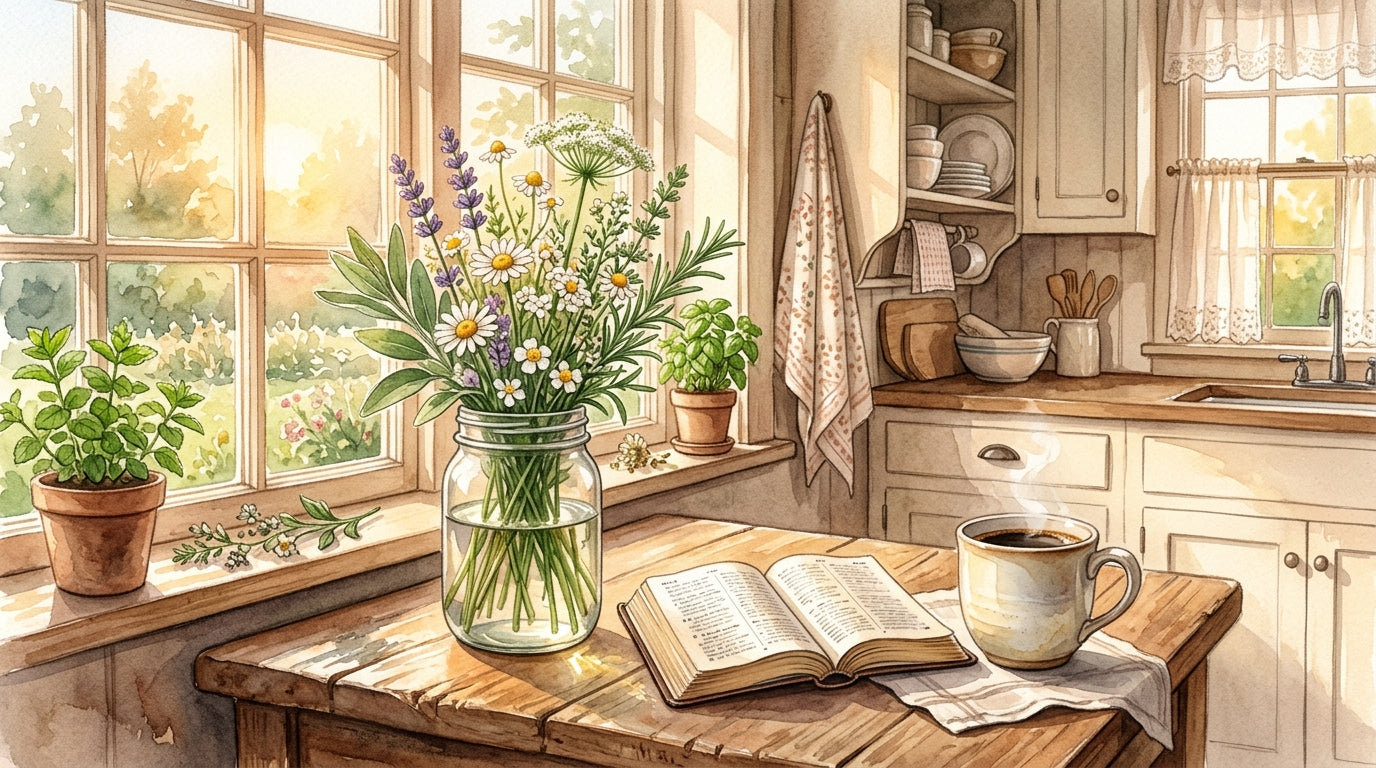 Mason jar with wildflowers on a kitchen counter representing the fruit of the spirit