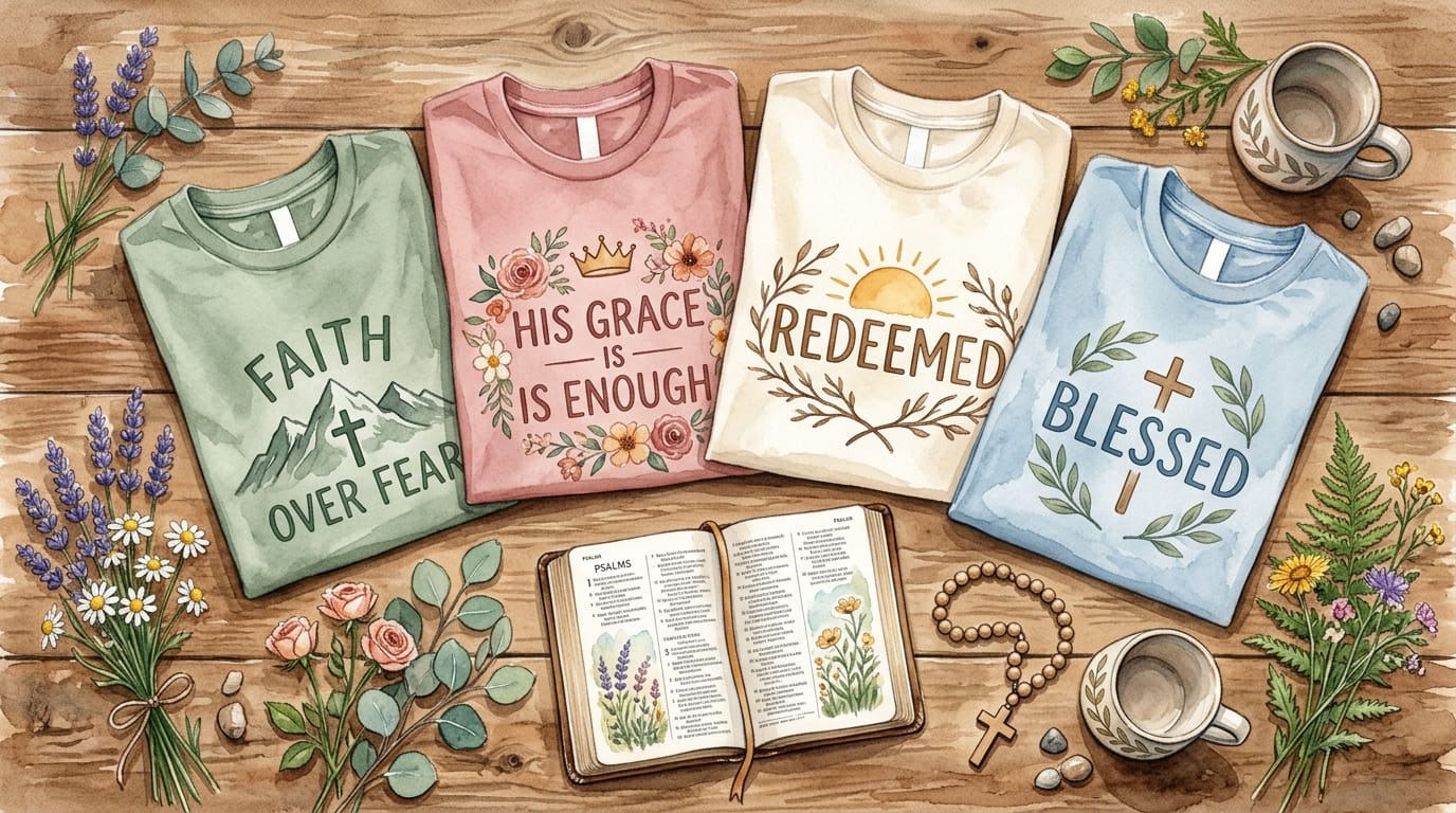 Collection of Christian women's faith graphic t-shirts styled on a warm surface with wildflowers