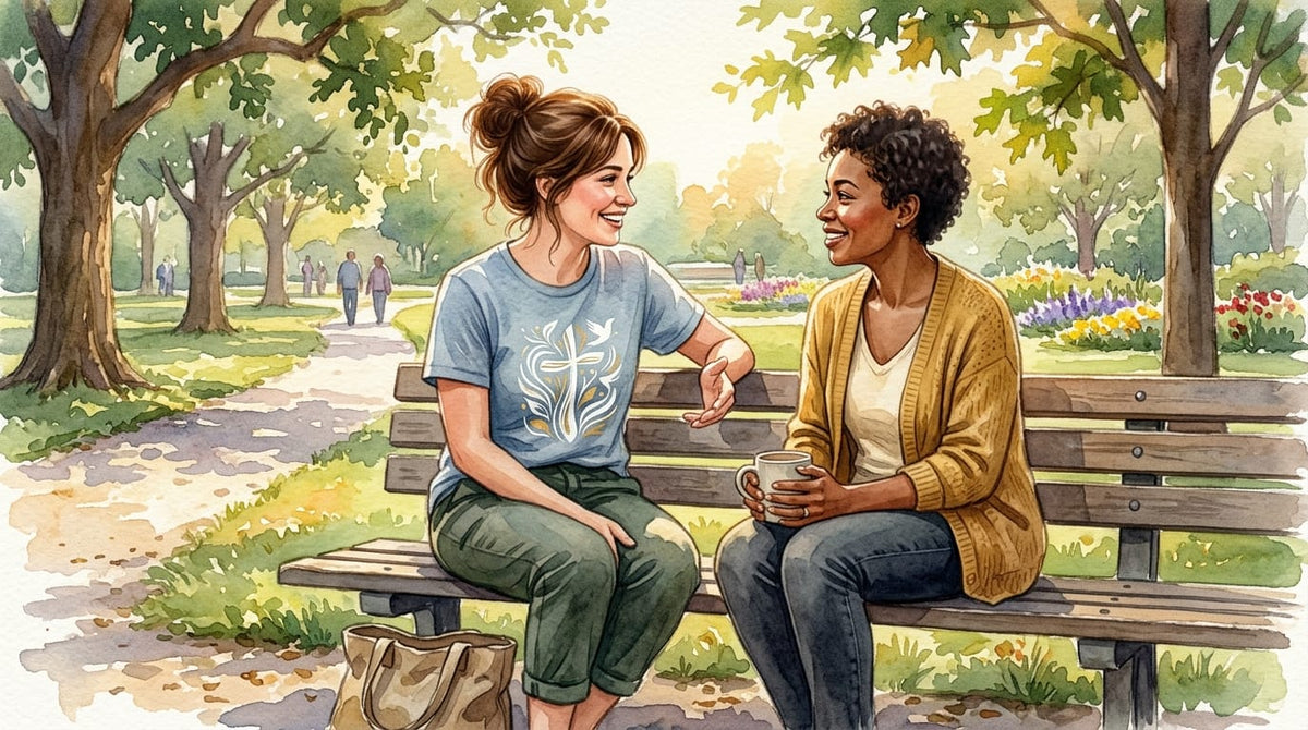 Christian woman in a faith graphic tee sharing a warm genuine conversation with a friend in a sunlit park, watercolor illustration