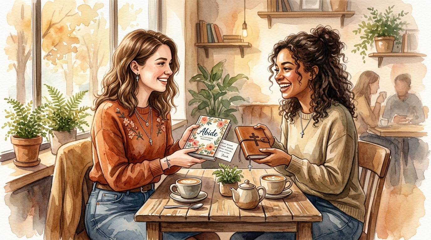 Two Christian best friends exchanging faith gifts over coffee in warm afternoon light