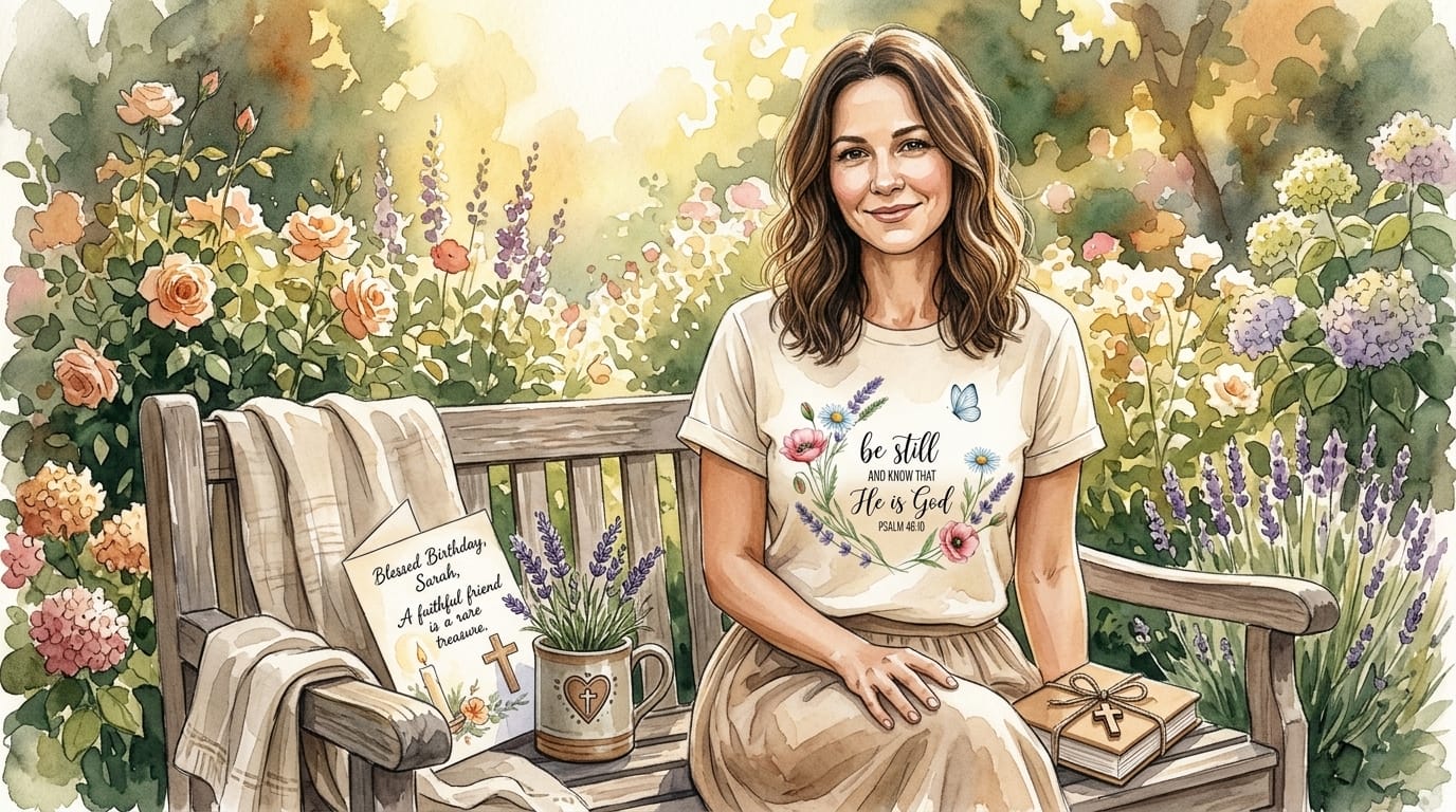 Christian birthday gift with faith tee, flowers, and handwritten card in warm morning light
