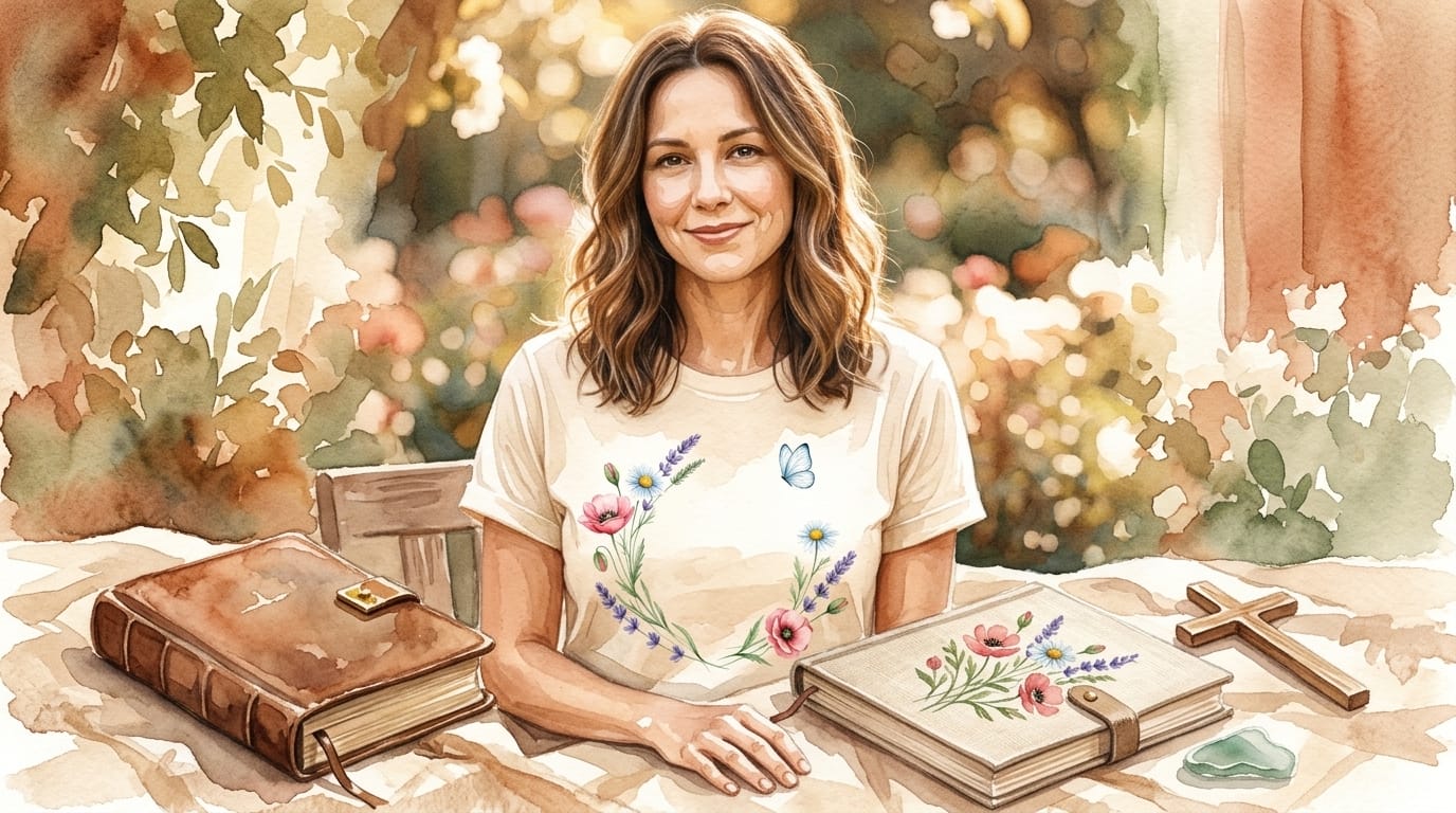 Curated Christian gifts for women including faith tee, Bible, and journal on warm linen
