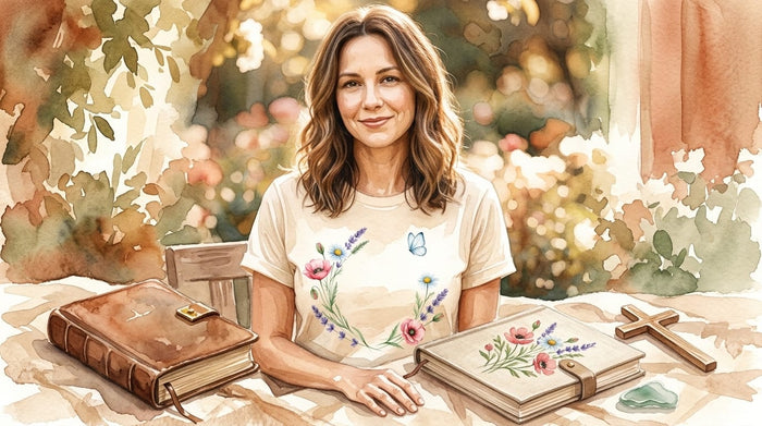 Curated Christian gifts for women including faith tee, Bible, and journal on warm linen