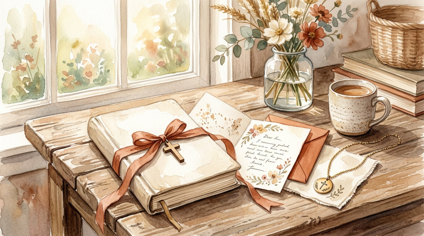 Christian graduation gift with Bible, scripture necklace, and handwritten card in warm light