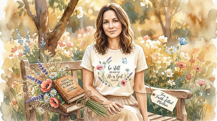 Christian Mother's Day gift with faith tee, devotional, and wildflowers tied in twine