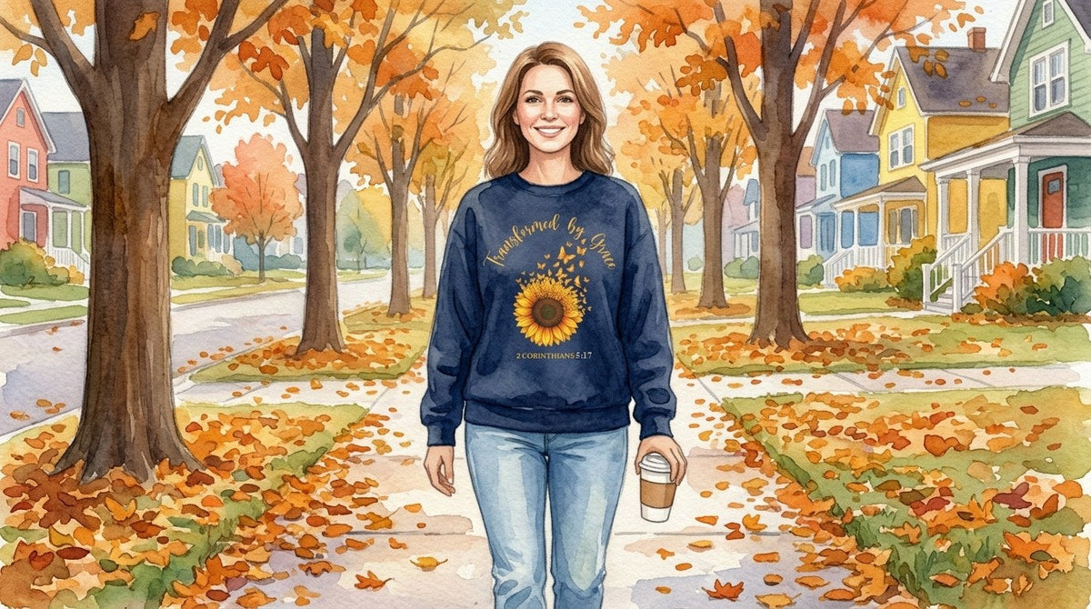 Watercolor of a woman walking down a leafy autumn sidewalk with a coffee, wearing a navy Transformed by Grace sweatshirt with a sunflower turning into butterflies