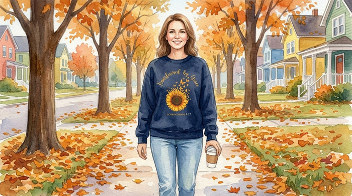 Watercolor of a woman walking down a leafy autumn sidewalk with a coffee, wearing a navy Transformed by Grace sweatshirt with a sunflower turning into butterflies