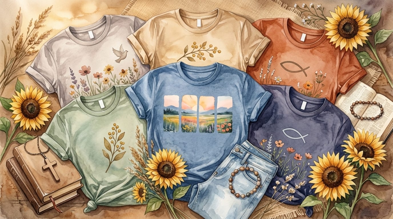 Collection of Christian t-shirts for women in warm earthy tones styled with denim and sunflowers