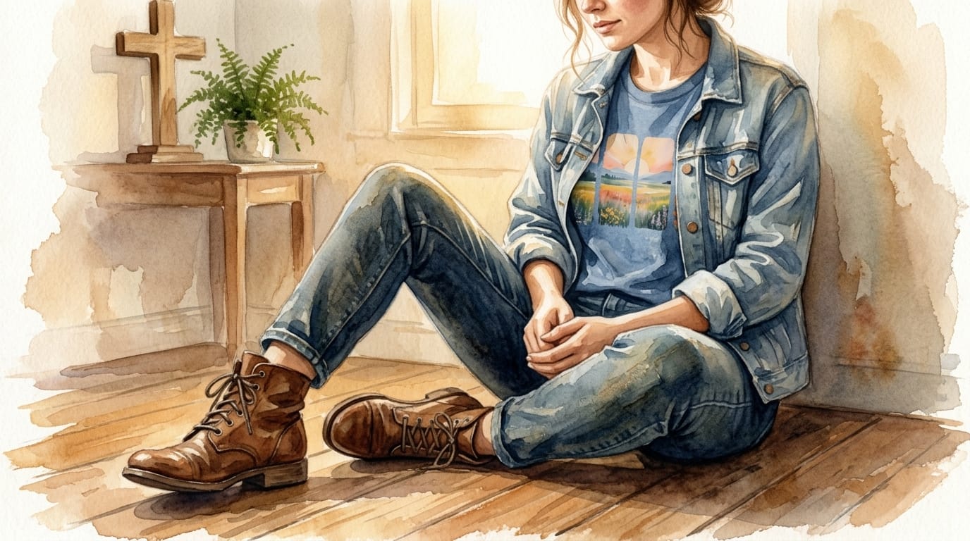 Faith-based t-shirt for ladies styled with layered denim and boots on warm wood floor