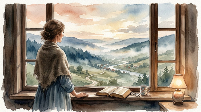 Watercolor illustration of a woman waiting at a window as dawn lifts over a valley