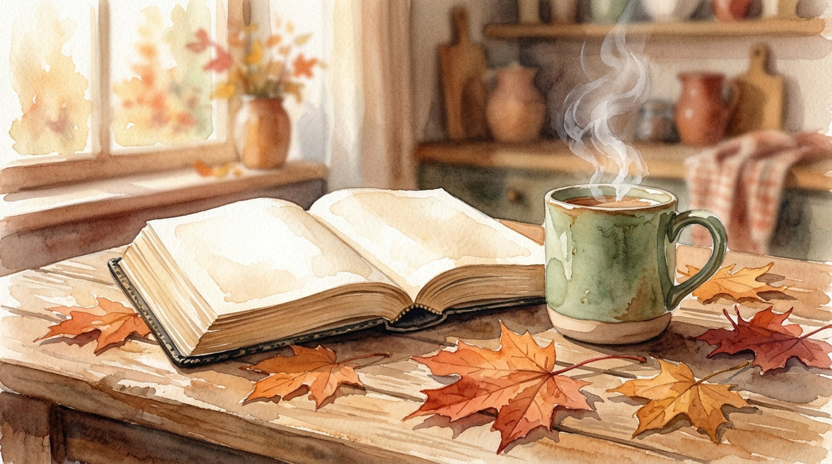 Watercolour of an open Bible on a wooden kitchen table beside a green mug of tea, with orange and red maple leaves scattered across the table in morning light