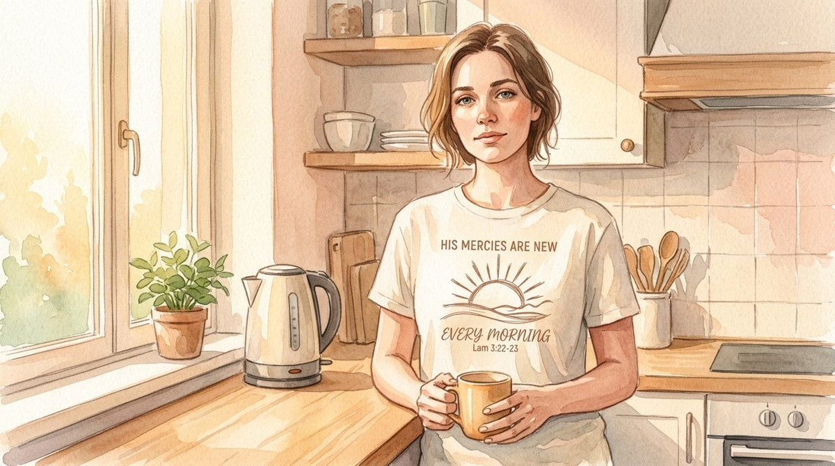 Watercolor of a woman in an ivory His Mercies Are New Every Morning tee holding a mug at her kitchen counter as sunrise light comes through the window