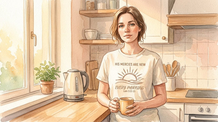 Watercolor of a woman in an ivory His Mercies Are New Every Morning tee holding a mug at her kitchen counter as sunrise light comes through the window