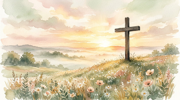Watercolor illustration of a cross at dawn for Good Friday and Easter