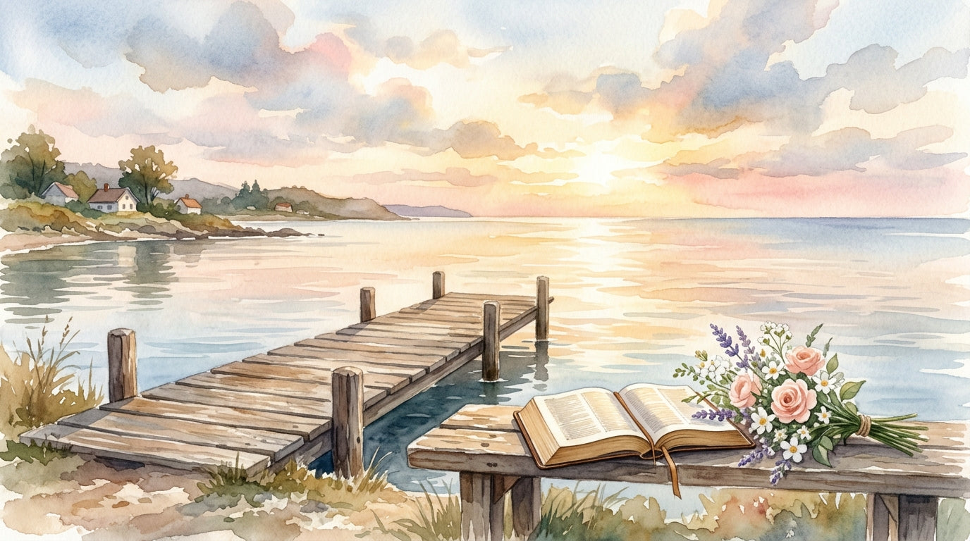 It is well with my soul coastal watercolor illustration, peaceful morning light over calm waters, She Wears Faith blog
