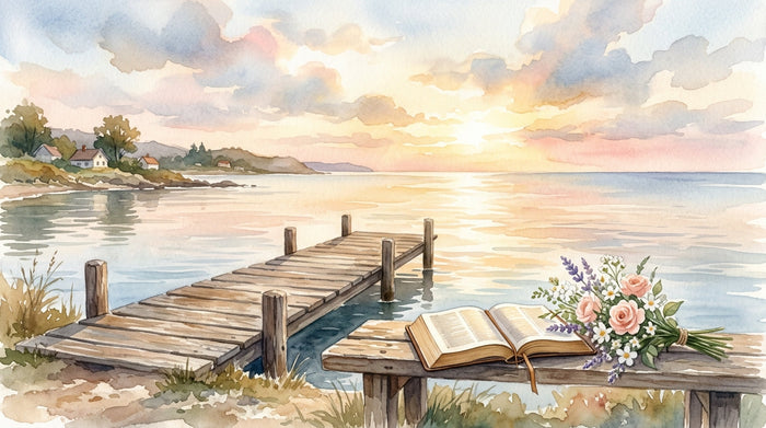 It is well with my soul coastal watercolor illustration, peaceful morning light over calm waters, She Wears Faith blog
